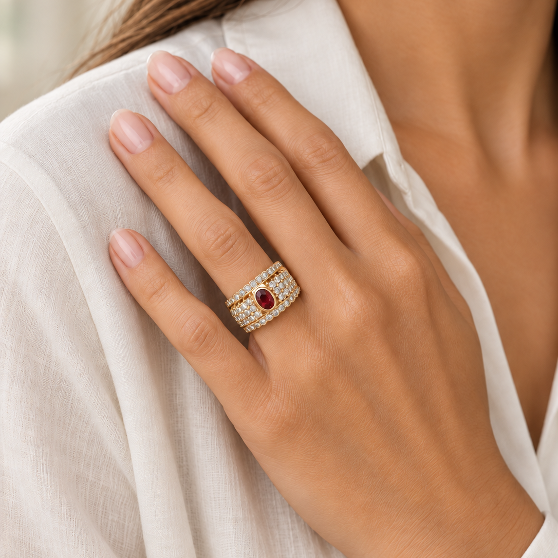 Bague bandeau Or jaune - Rubis et Diamants