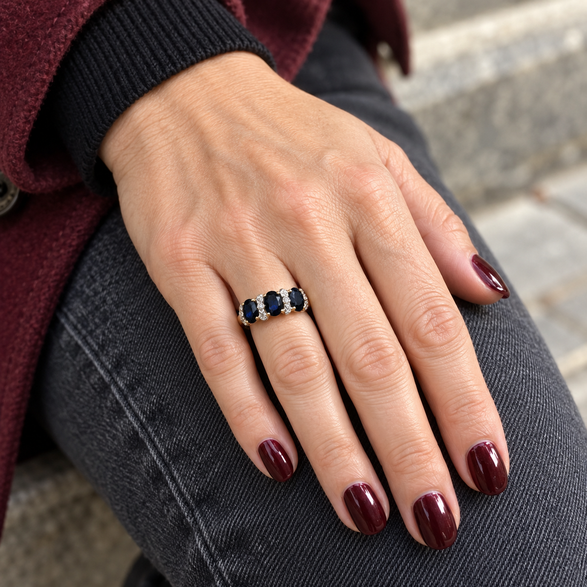 Bague trilogie or jaune et blanc - saphirs et diamants