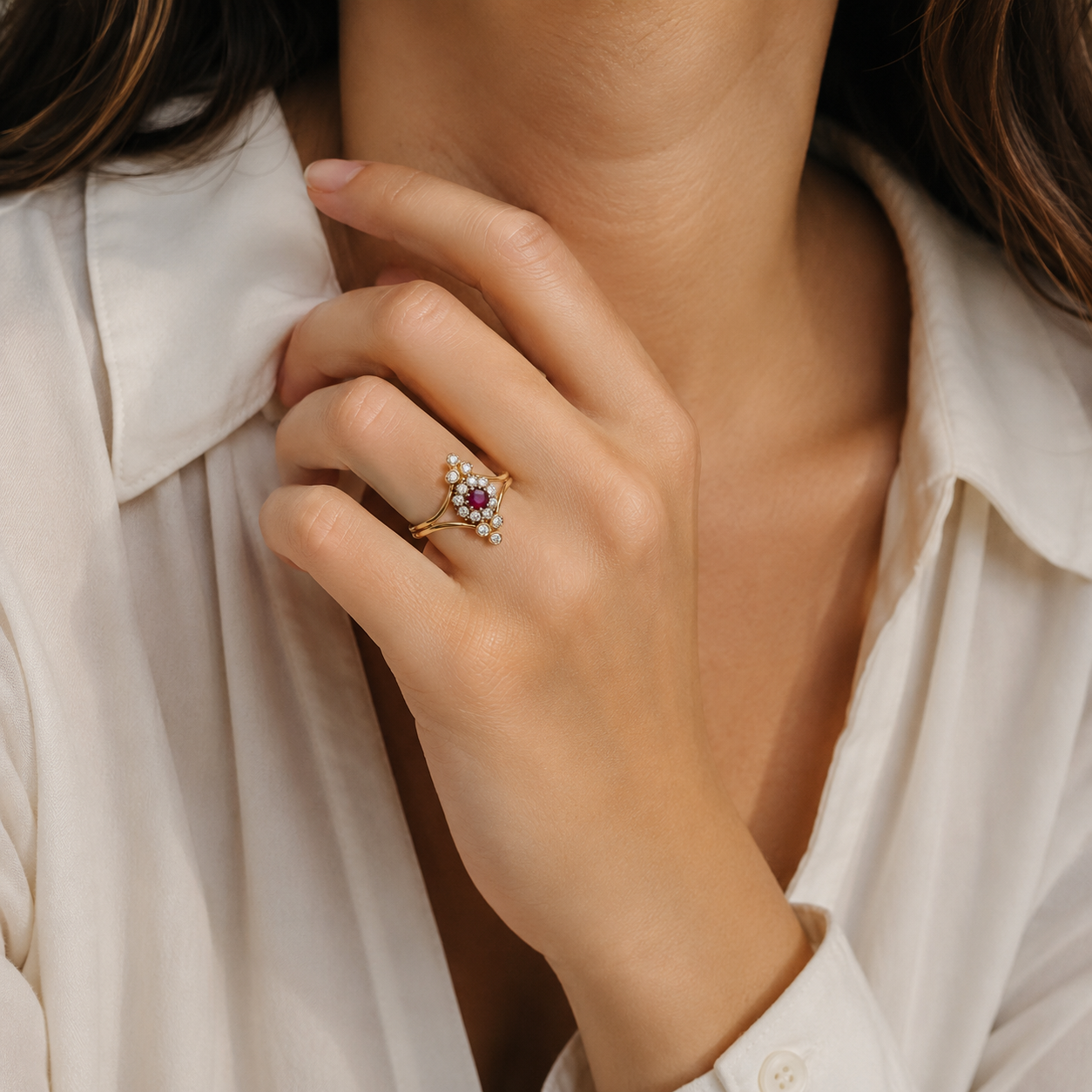 Bague Marquise - Or jaune - Rubis et Diamants