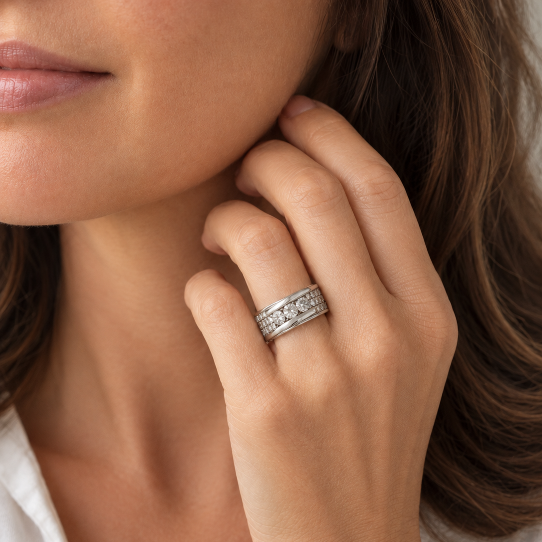 Bague Trilogie Or blanc - Pavage Diamants
