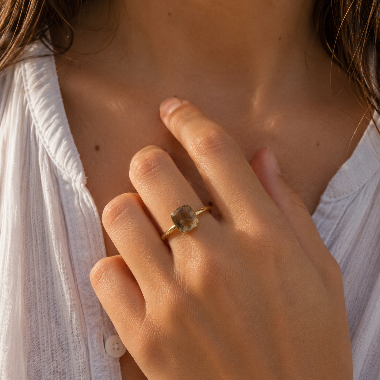 Bague Or Jaune - Quartz fumé facetté