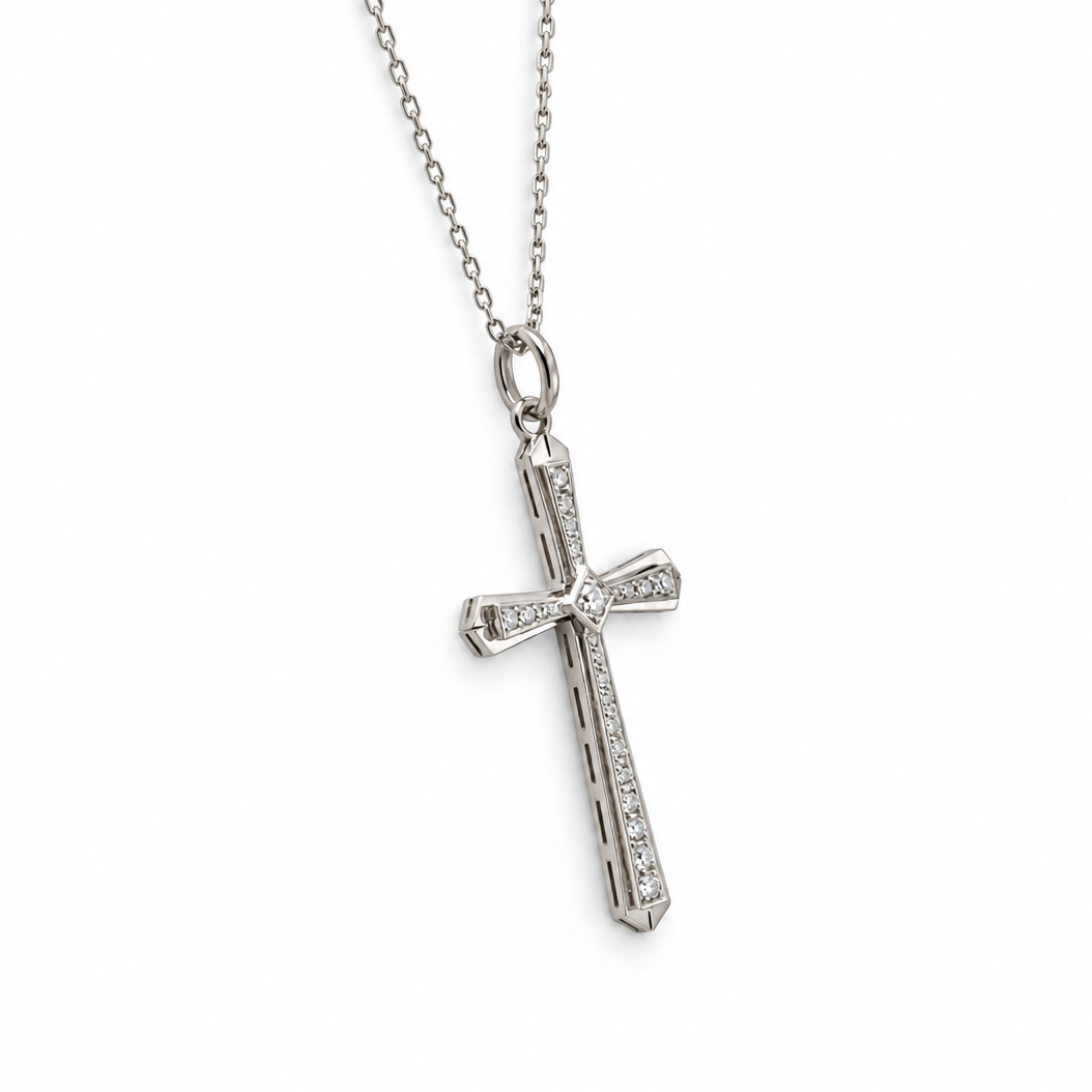 Art Déco -  Pendentif Croix or blanc et diamants
