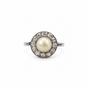 Art déco - Bague platine perle de culture et diamants