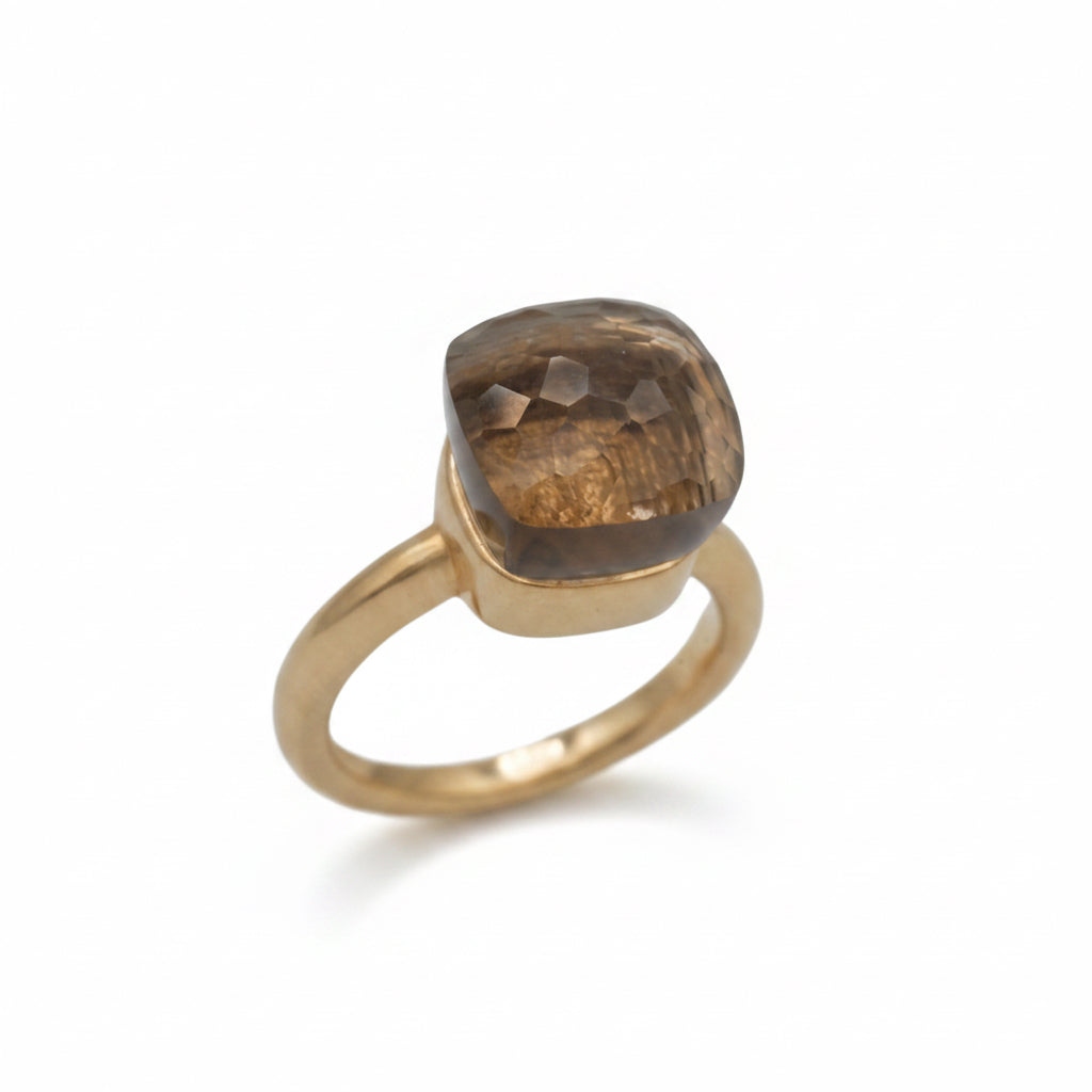 Bague Or Jaune - Quartz fumé facetté
