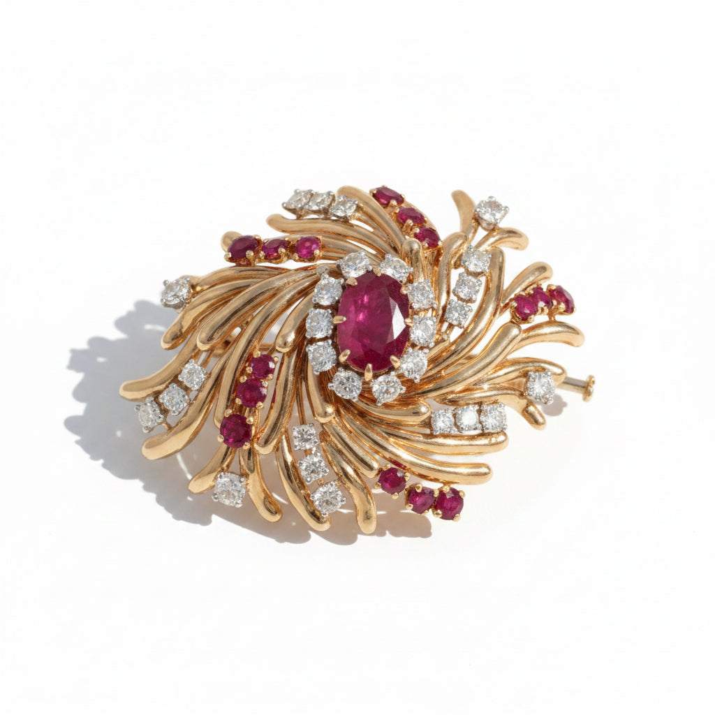 Broche Ancienne - Or rosé - Rubis et Diamants